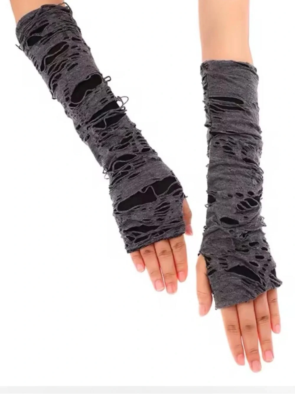 Ripped Long Mummy Gloves Gray Shredded Arm Warmers Zombie Gloves OS NWT
